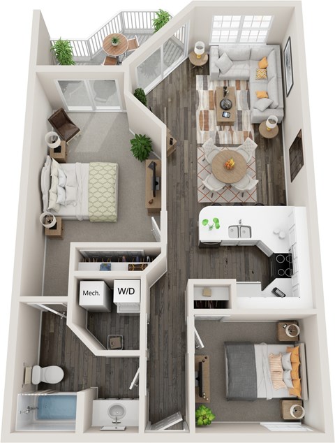 Floor plan for 2 beds, 1 bath, 900 sqft